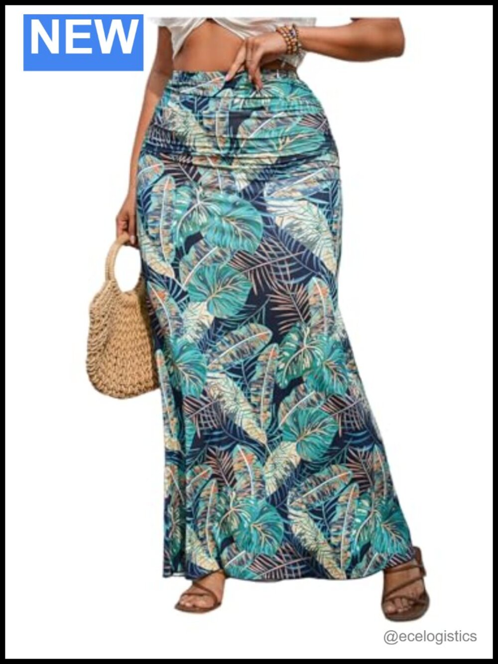 Plus Size Boho Tropical Ruched High Waist Maxi Fishtail Skirt